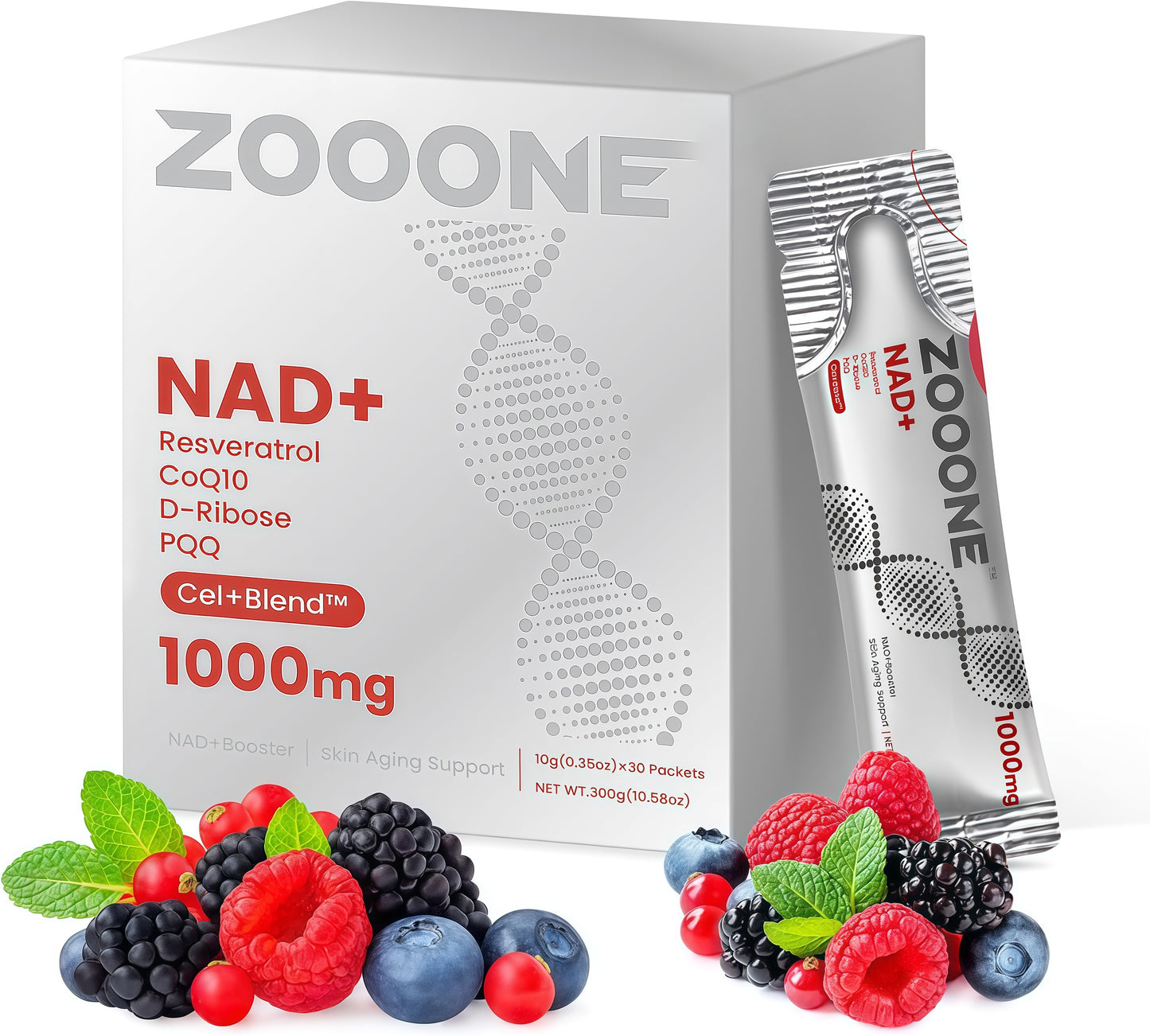 ZOOONE NR1000-NAD+ Berry Flavor Drink Mix for Skin Aging Support, Energy, and Focus - 30 Pack