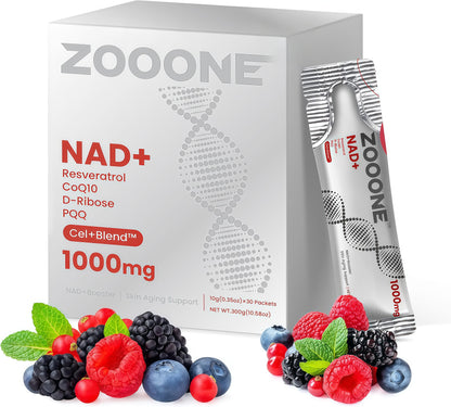 ZOOONE NR1000-NAD+ Berry Flavor Drink Mix for Skin Aging Support, Energy, and Focus - 30 Pack