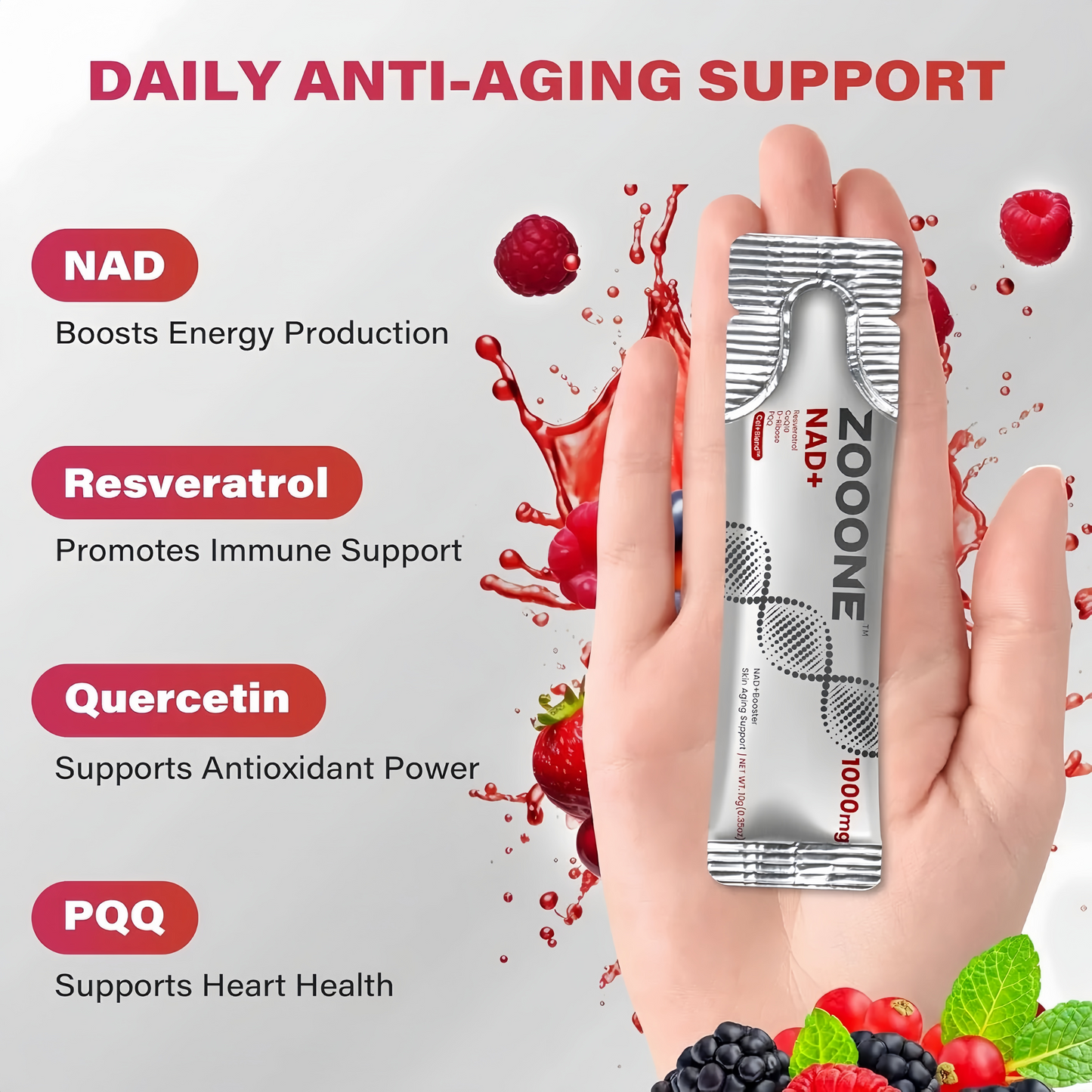 ZOOONE NR1000-NAD+ Berry Flavor Drink Mix for Skin Aging Support, Energy, and Focus - 30 Pack