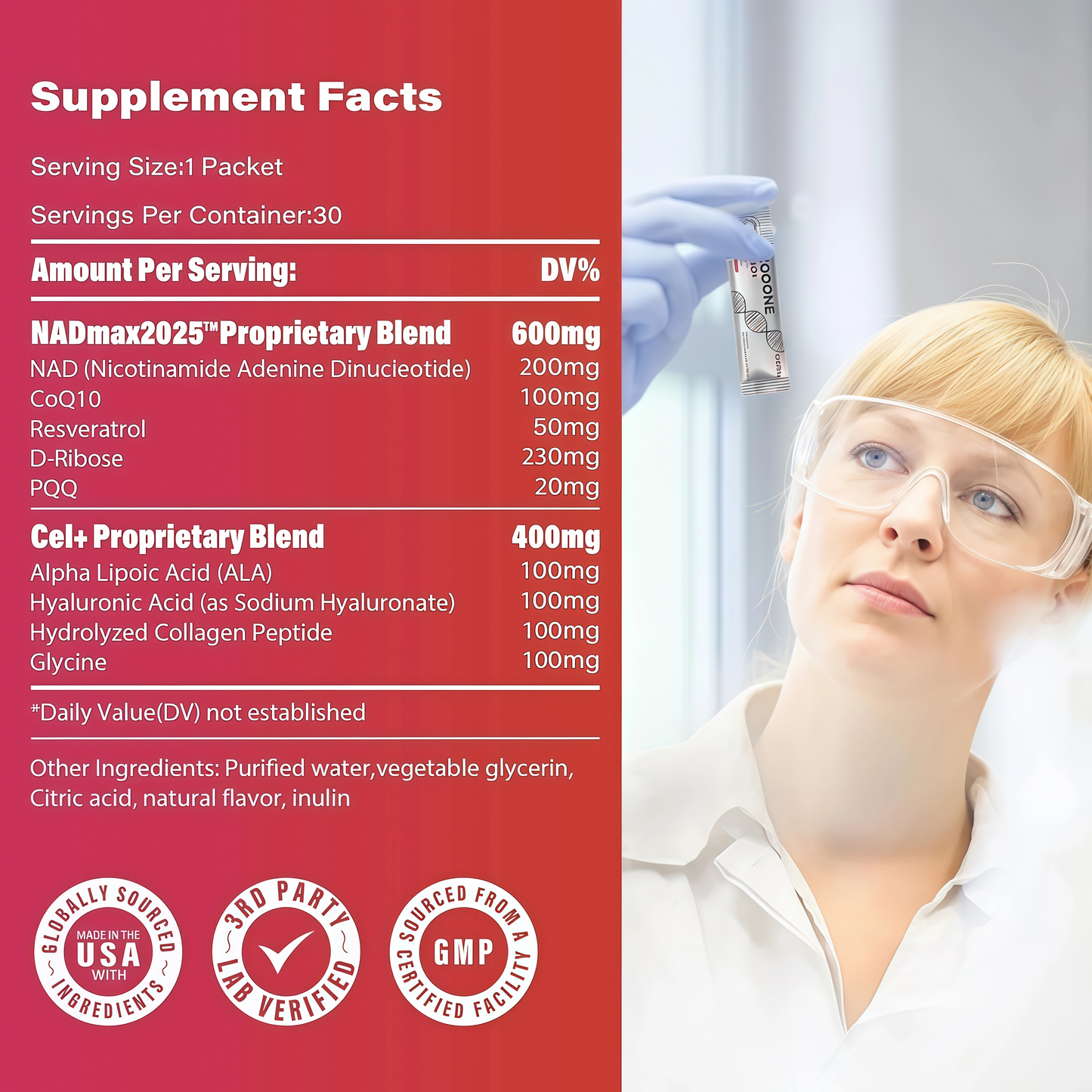 ZOOONE NR1000-NAD+ Berry Flavor Drink Mix for Skin Aging Support, Energy, and Focus - 30 Pack